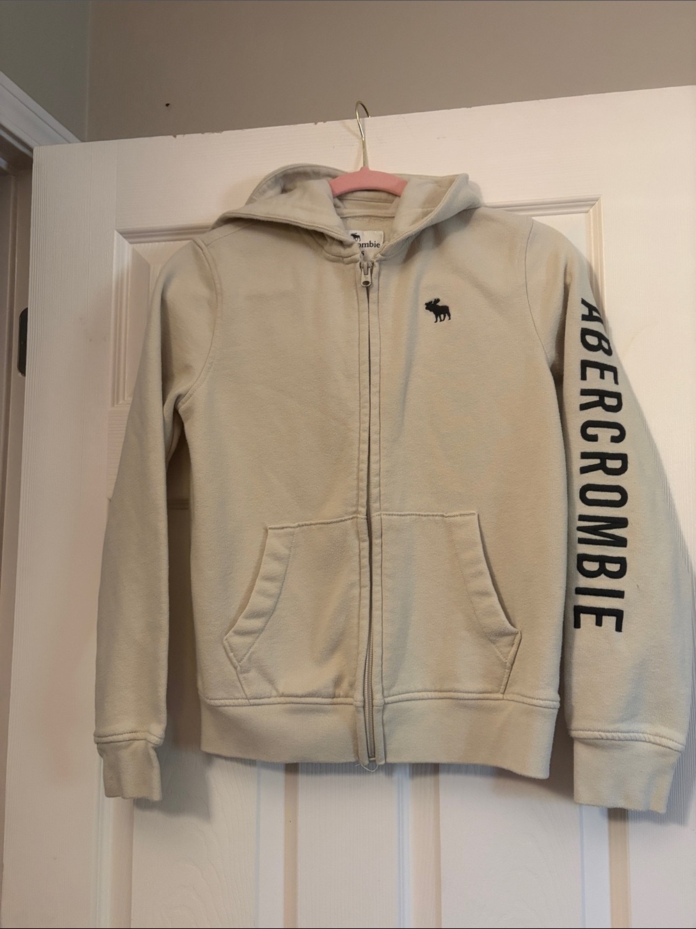 Abercrombie & Fitch Kids Cream Zip Hoodie with Sleeve Logo